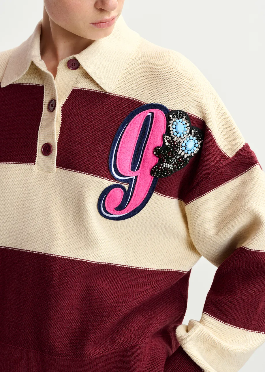 Beige and burgundy striped knitted polo with rhinestone and bead embroidery