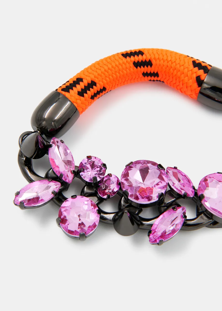 Silver-tone chain bracelet with rhinestones with cord detail