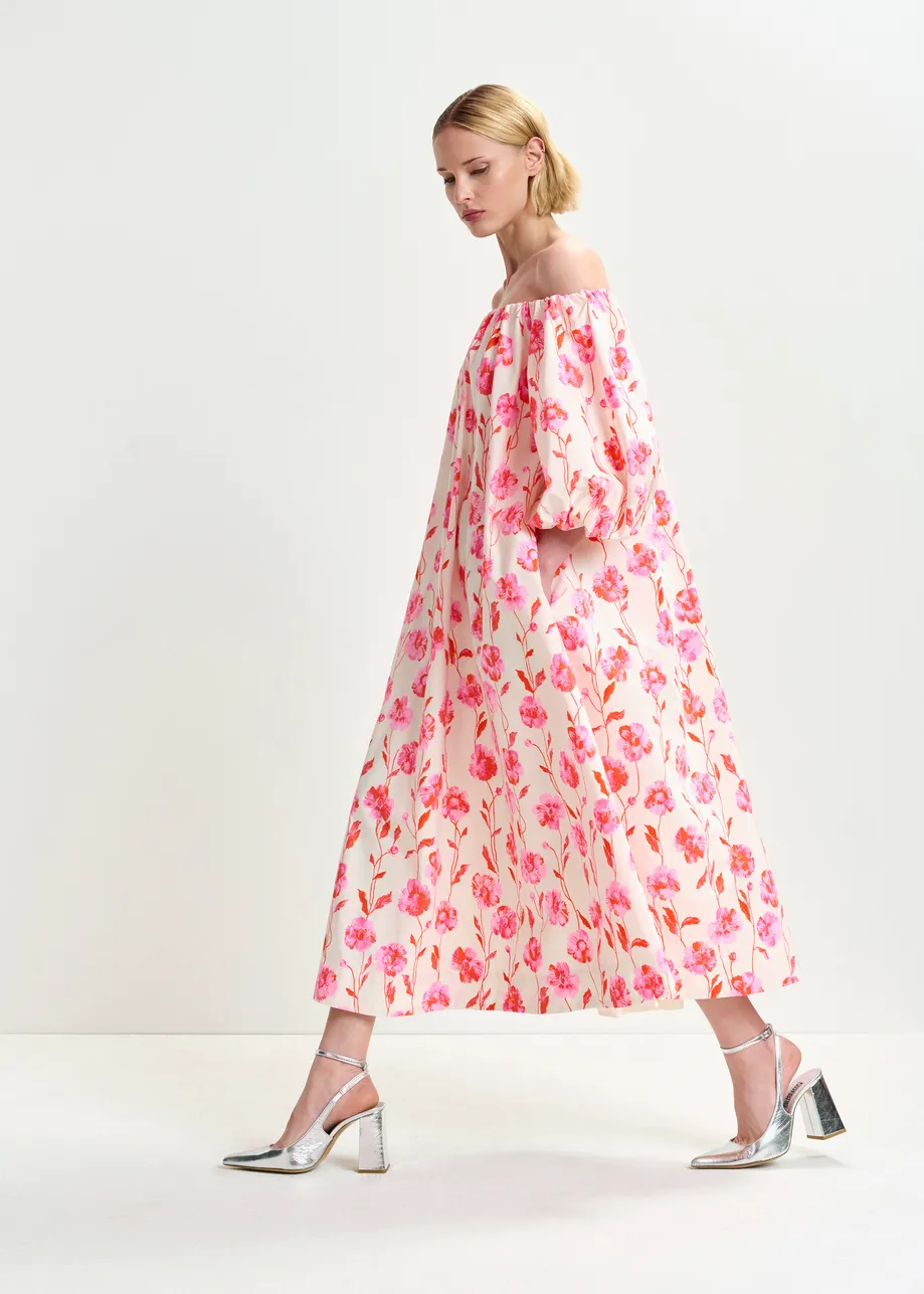 Off-white and pink off the shoulder midi dress