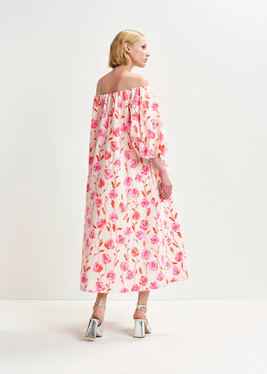 Abito midi con spalle scoperte bianco e rosa