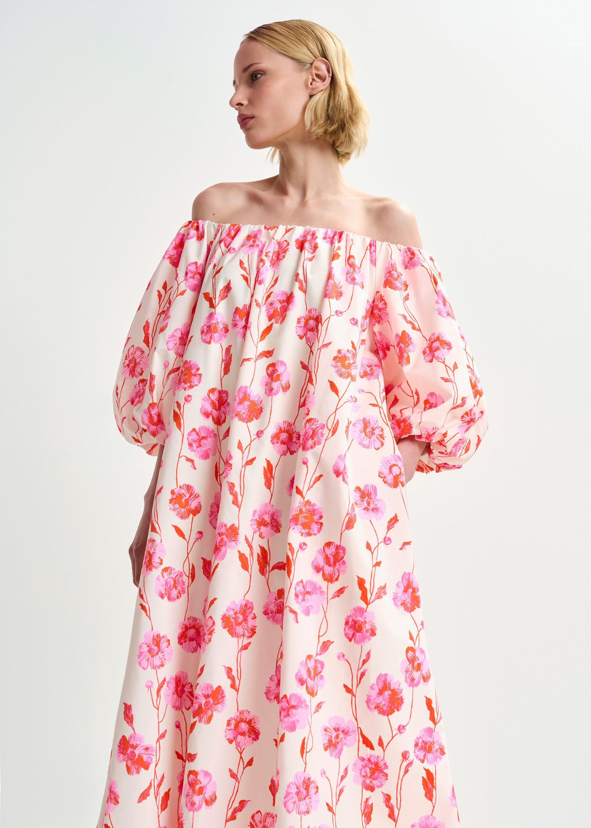 Off-white and pink off the shoulder midi dress | Essentiel