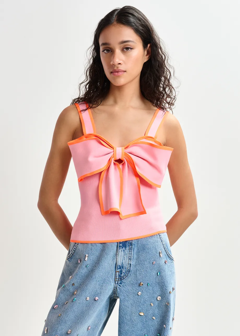 Pink and orange top with oversized bow and constrast trim