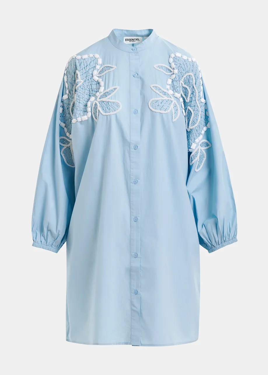 Light blue and white cotton shirt dress with bead embellishments and puffed sleeves