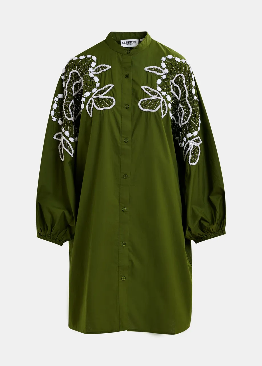 Khaki and white cotton shirt dress with bead embellishments and puffed sleeves