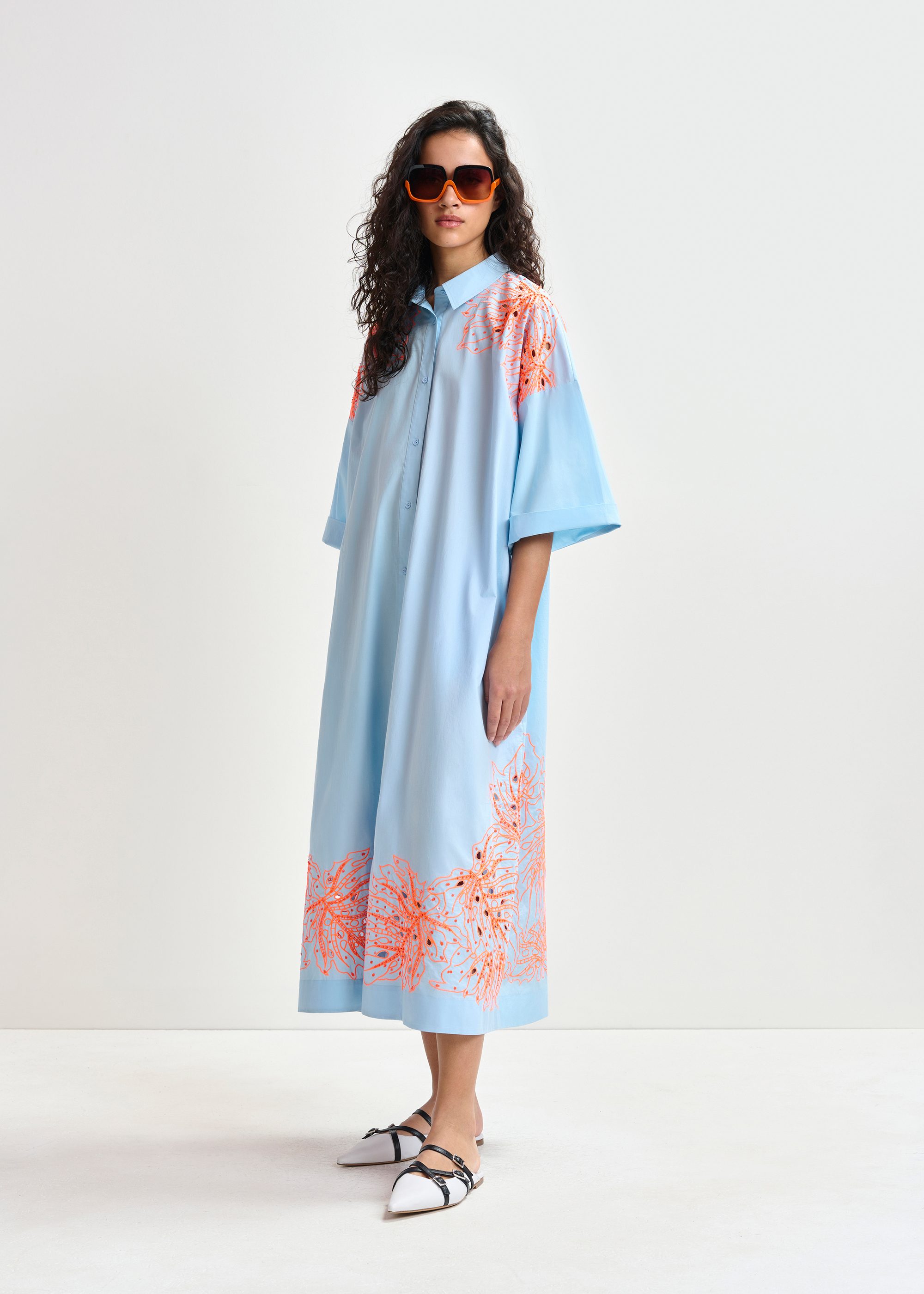 Light blue and orange cotton midi dress with floral embroidery | Essentiel Antwerp Italy Light blue and orange cotton midi dress with floral embroidery | Essentiel Antwerp Italy