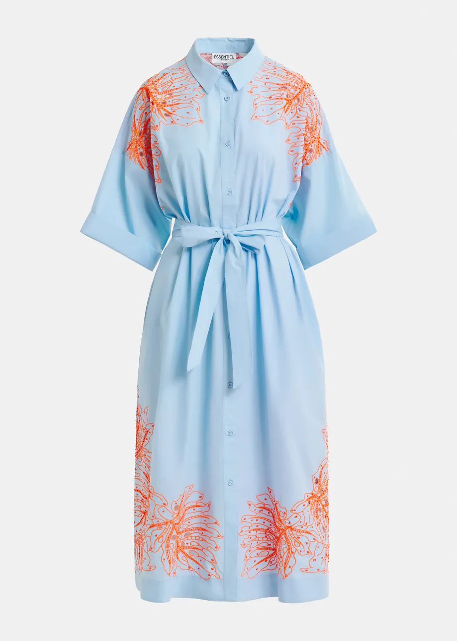 Hellblaues und orangefarbenes Baumwoll-Midikleid mit Blumenstickerei