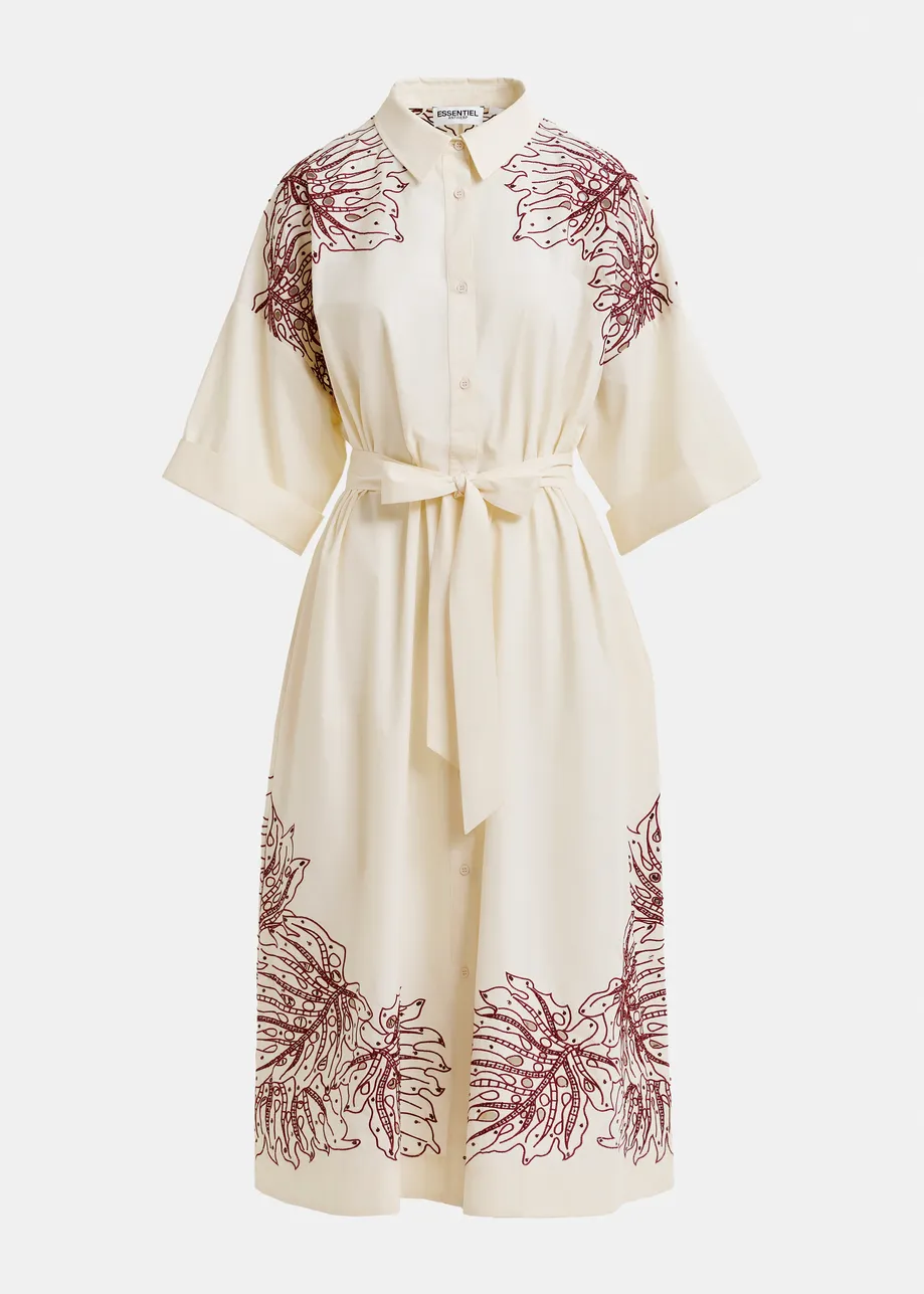 Cremefarbenes und braunes Midikleid aus Baumwolle mit Blumenstickerei
