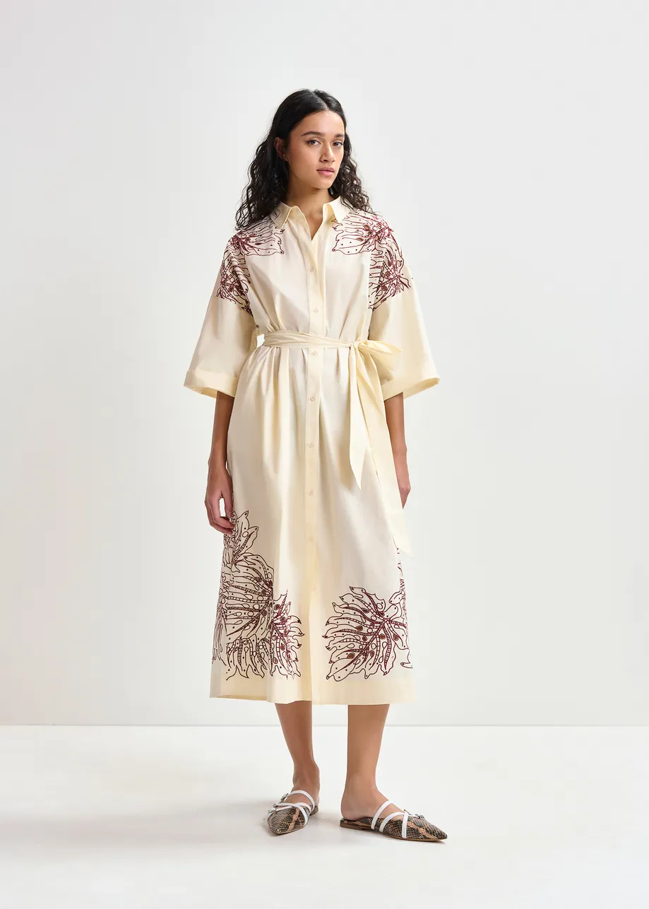 Cremefarbenes und braunes Midikleid aus Baumwolle mit Blumenstickerei