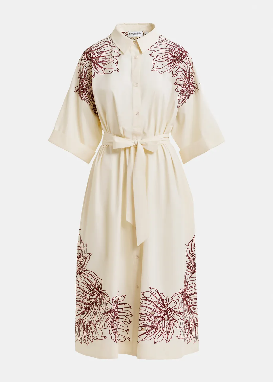Cremefarbenes und braunes Midikleid aus Baumwolle mit Blumenstickerei