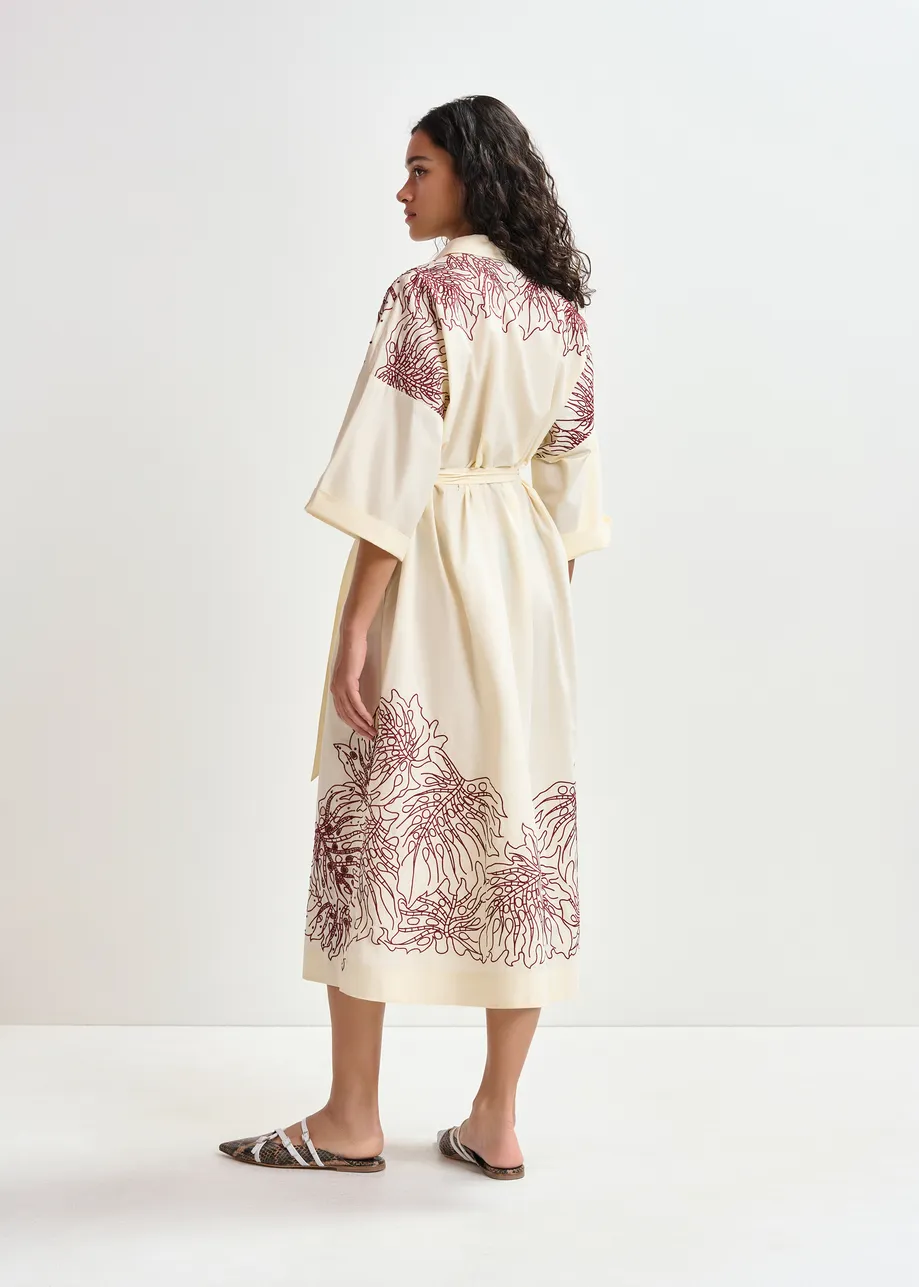 Cremefarbenes und braunes Midikleid aus Baumwolle mit Blumenstickerei