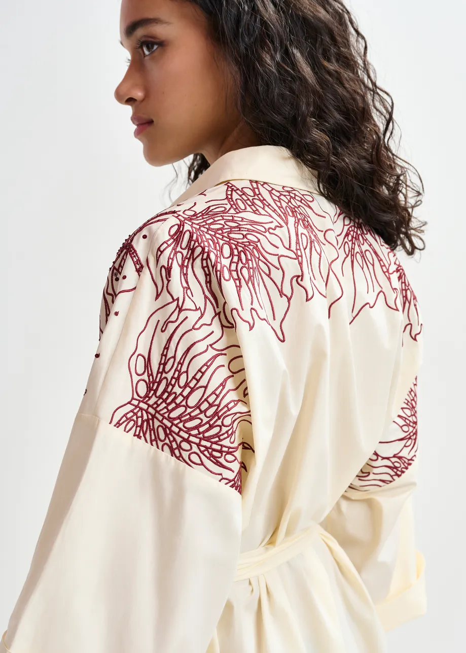 Cremefarbenes und braunes Midikleid aus Baumwolle mit Blumenstickerei