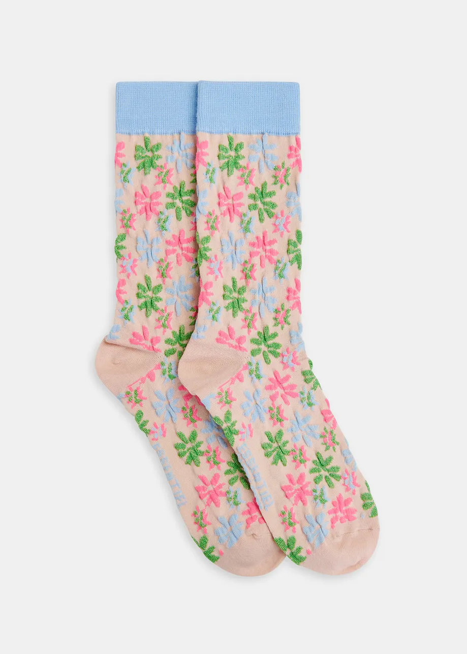 Chaussettes mi-mollet en jacquard fleuri rose clair