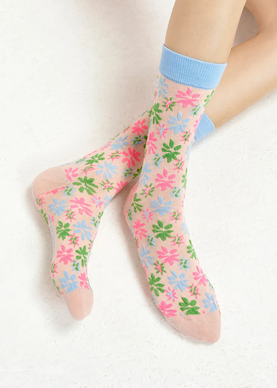 Chaussettes mi-mollet en jacquard fleuri rose clair