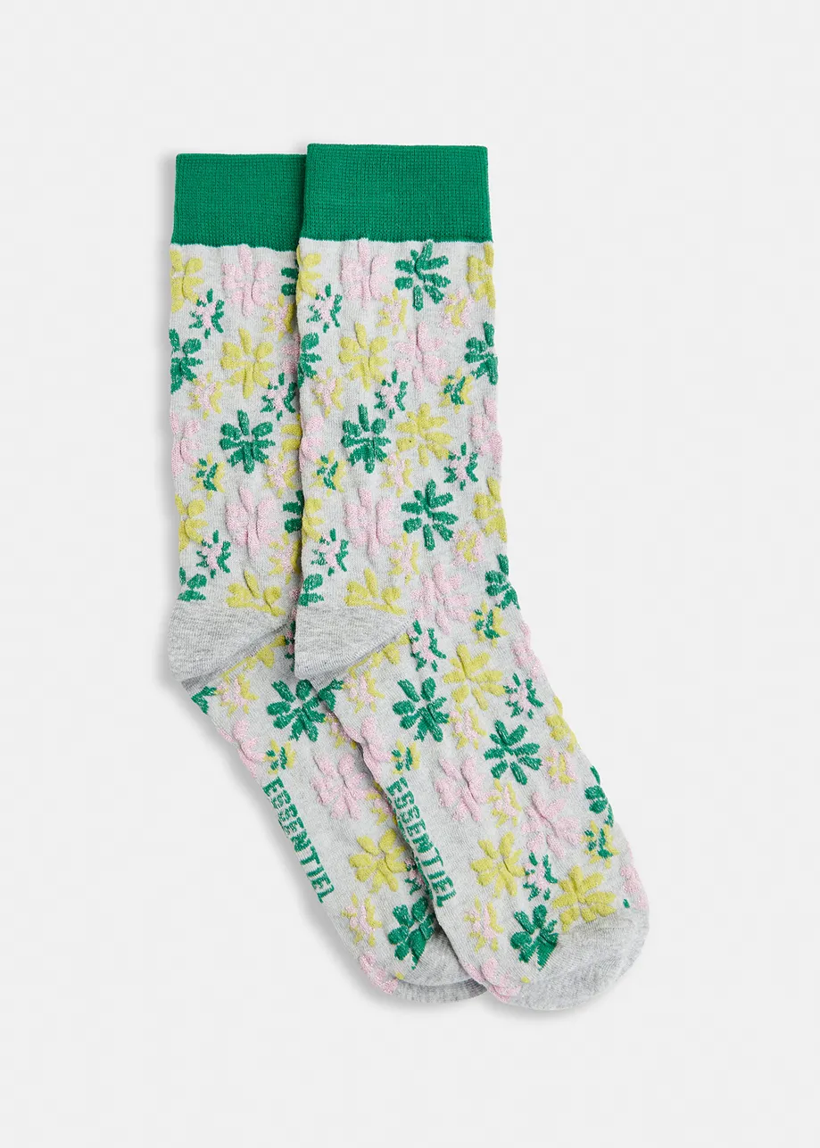 Grey and green floral jacquard-knit mid-length socks