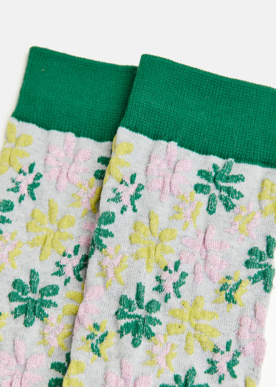 Grey and green floral jacquard-knit mid-length socks