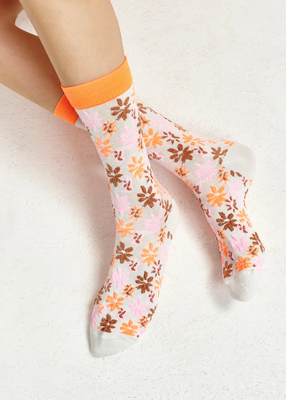 Orange and off-white floral jacquard-knit mid-length socks