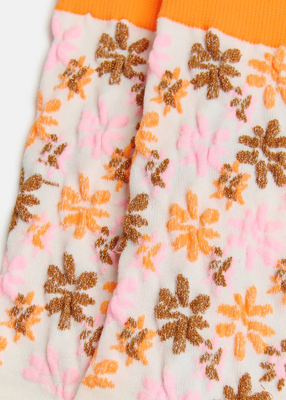 Chaussettes mi-mollet en jacquard fleuri orange et blanc cassé