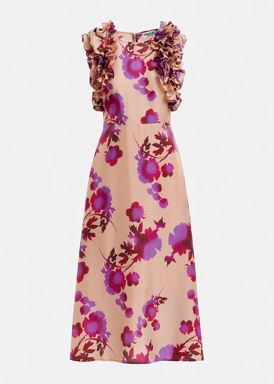 Vestido midi de seda con estampado floral y volantes, rosa empolvado y morado