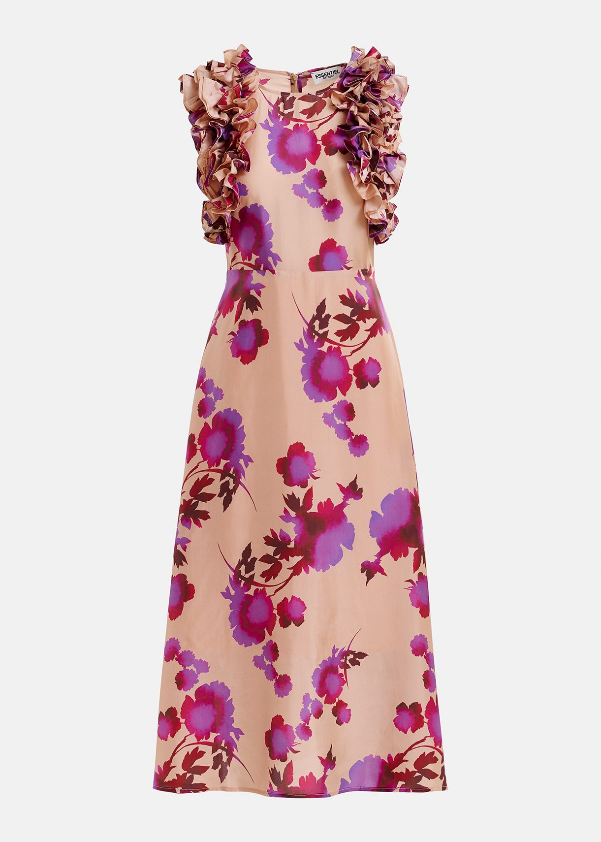 Off-white, pink and purple asymetrical floral-print midi