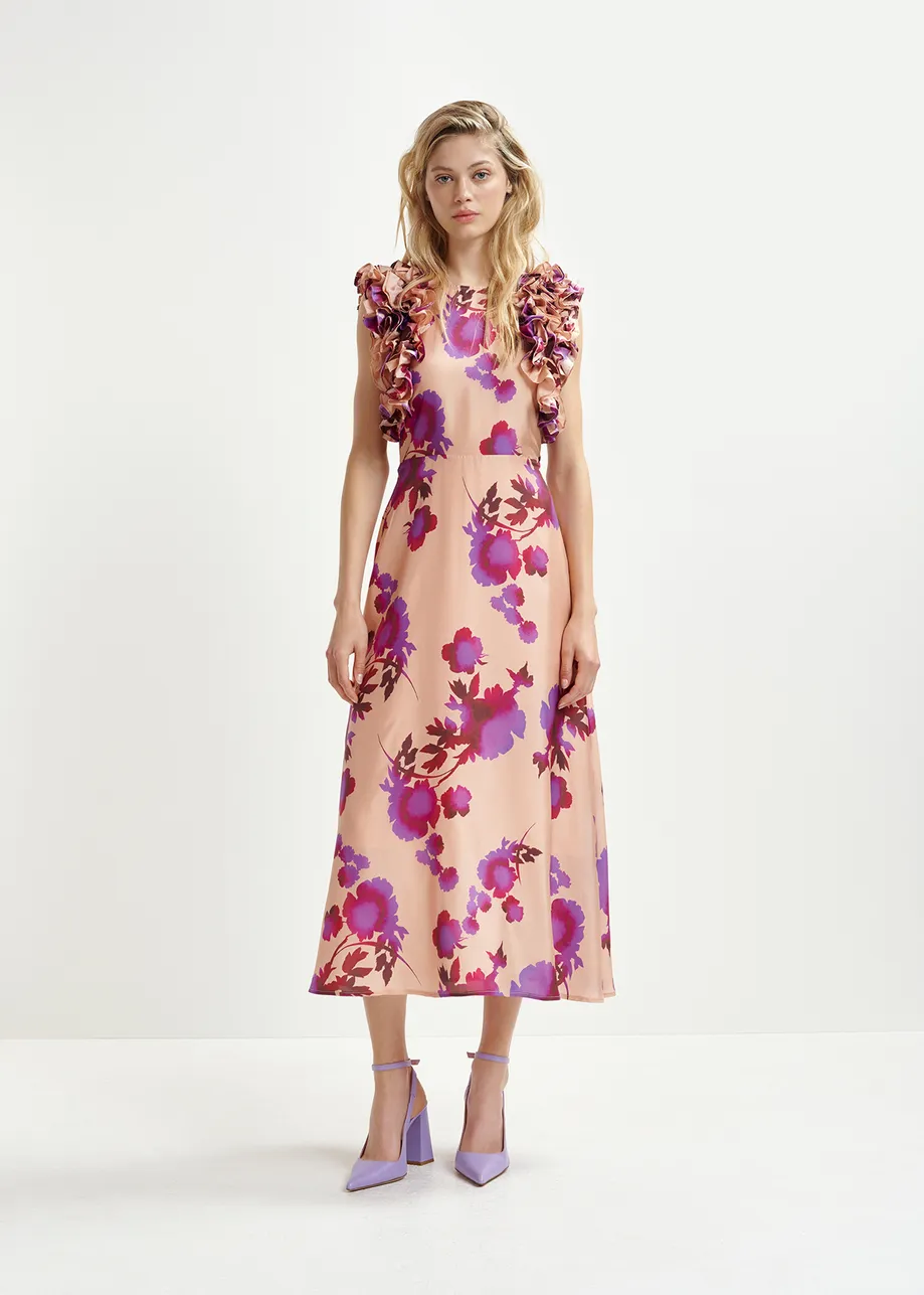 Vestido midi de seda con estampado floral y volantes, rosa empolvado y morado