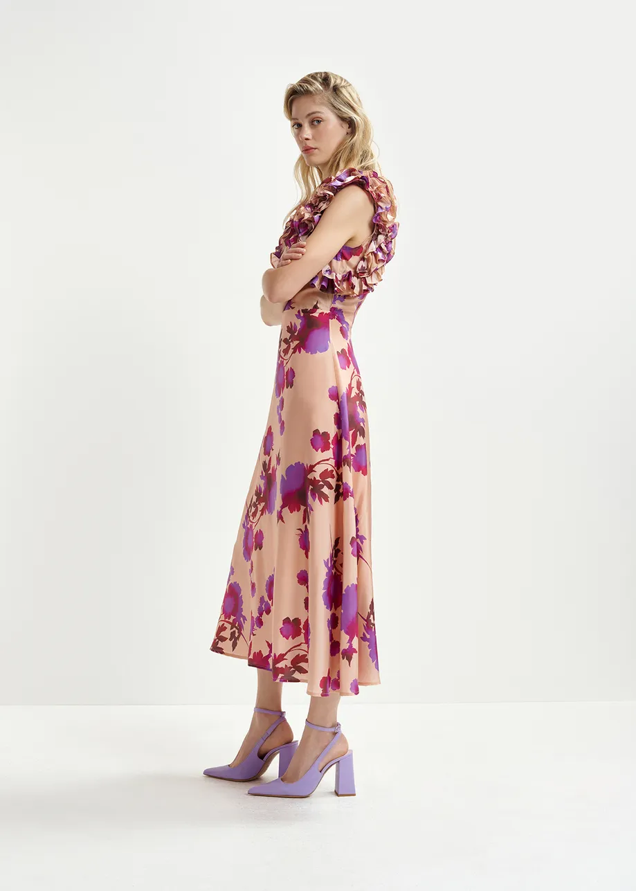 Vestido midi de seda con estampado floral y volantes, rosa empolvado y morado