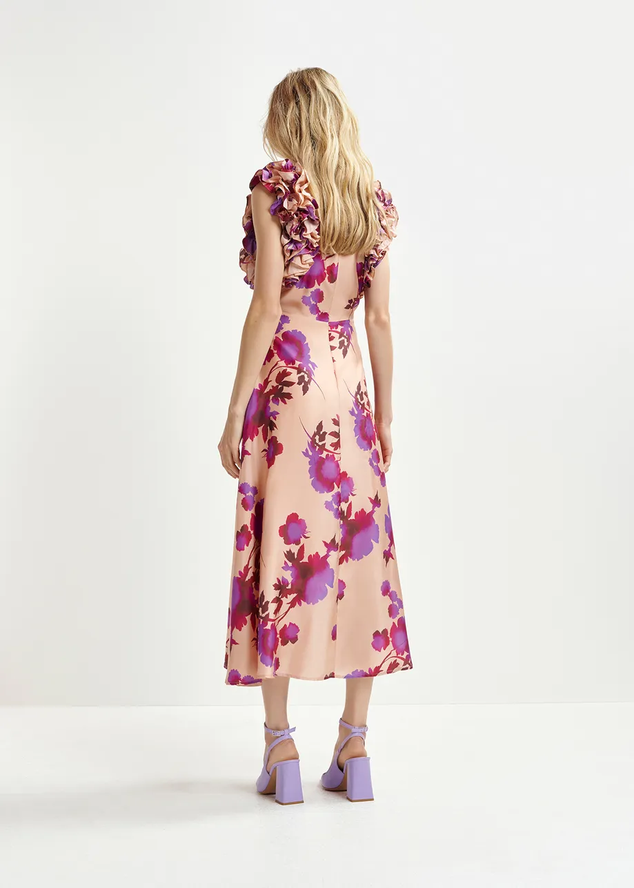 Vestido midi de seda con estampado floral y volantes, rosa empolvado y morado