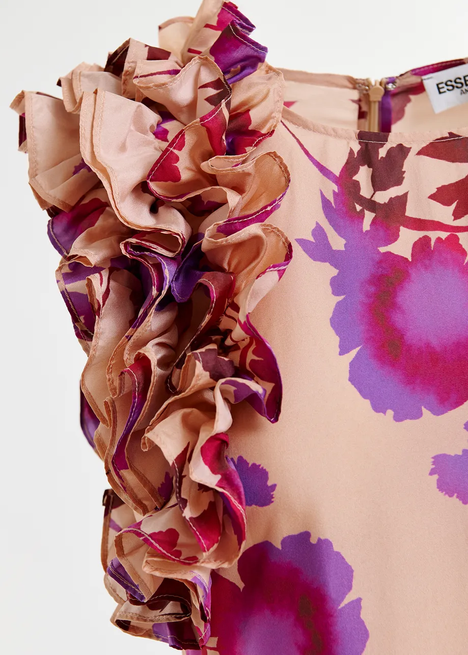 Dusty pink and purple floral-print silk midi dress with ruffles