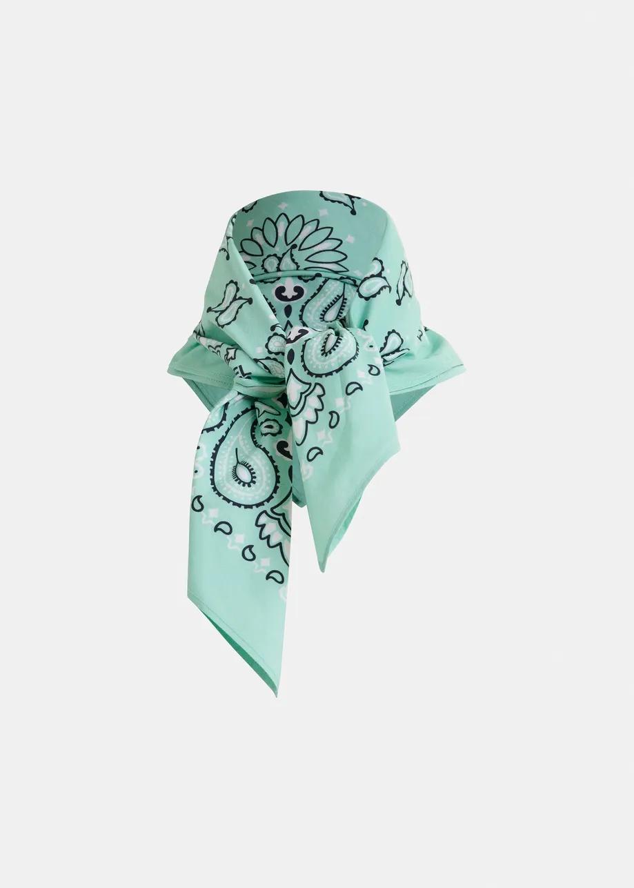 Turquoise and black bandana print scarf