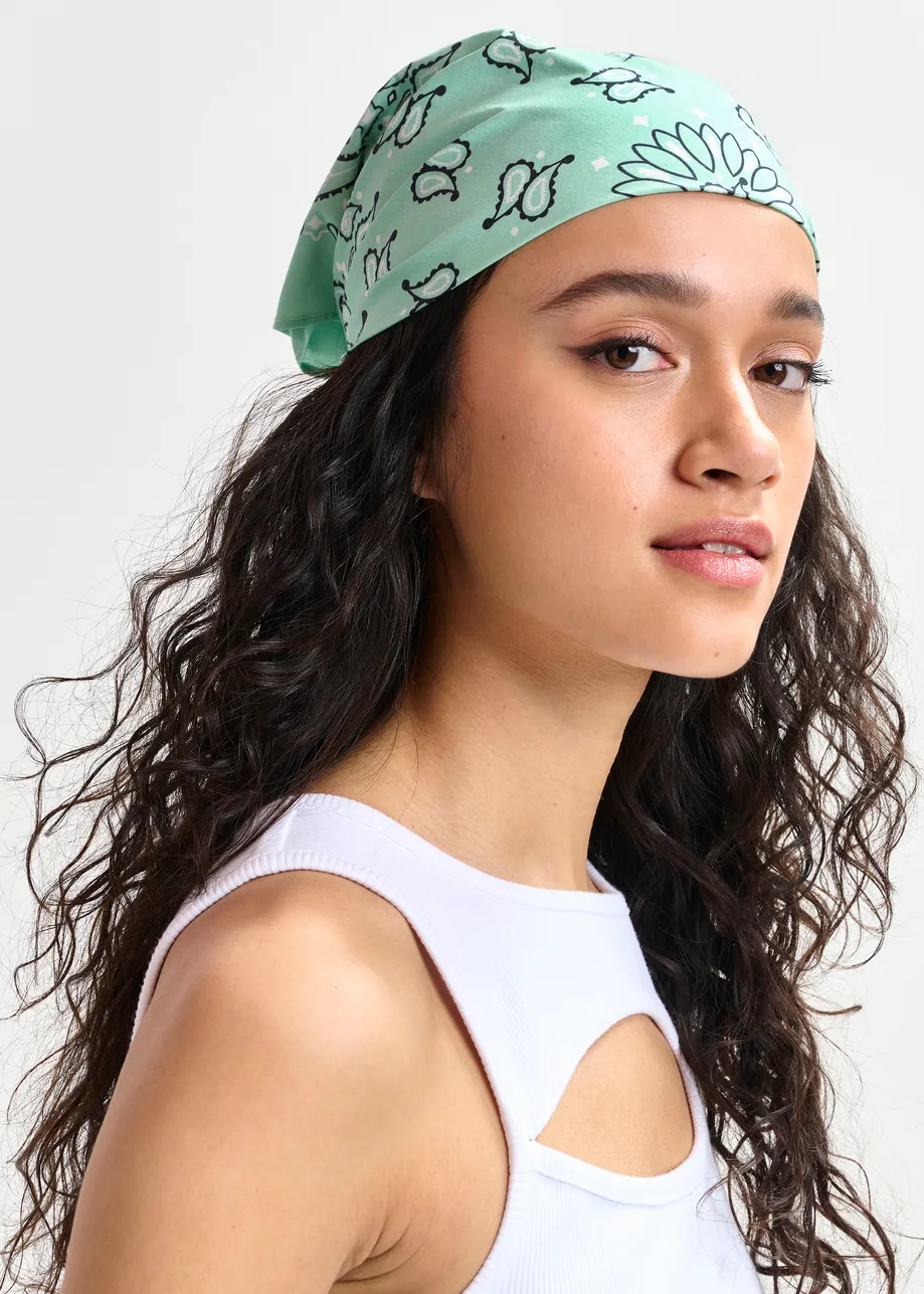 Turquoise and black bandana print scarf