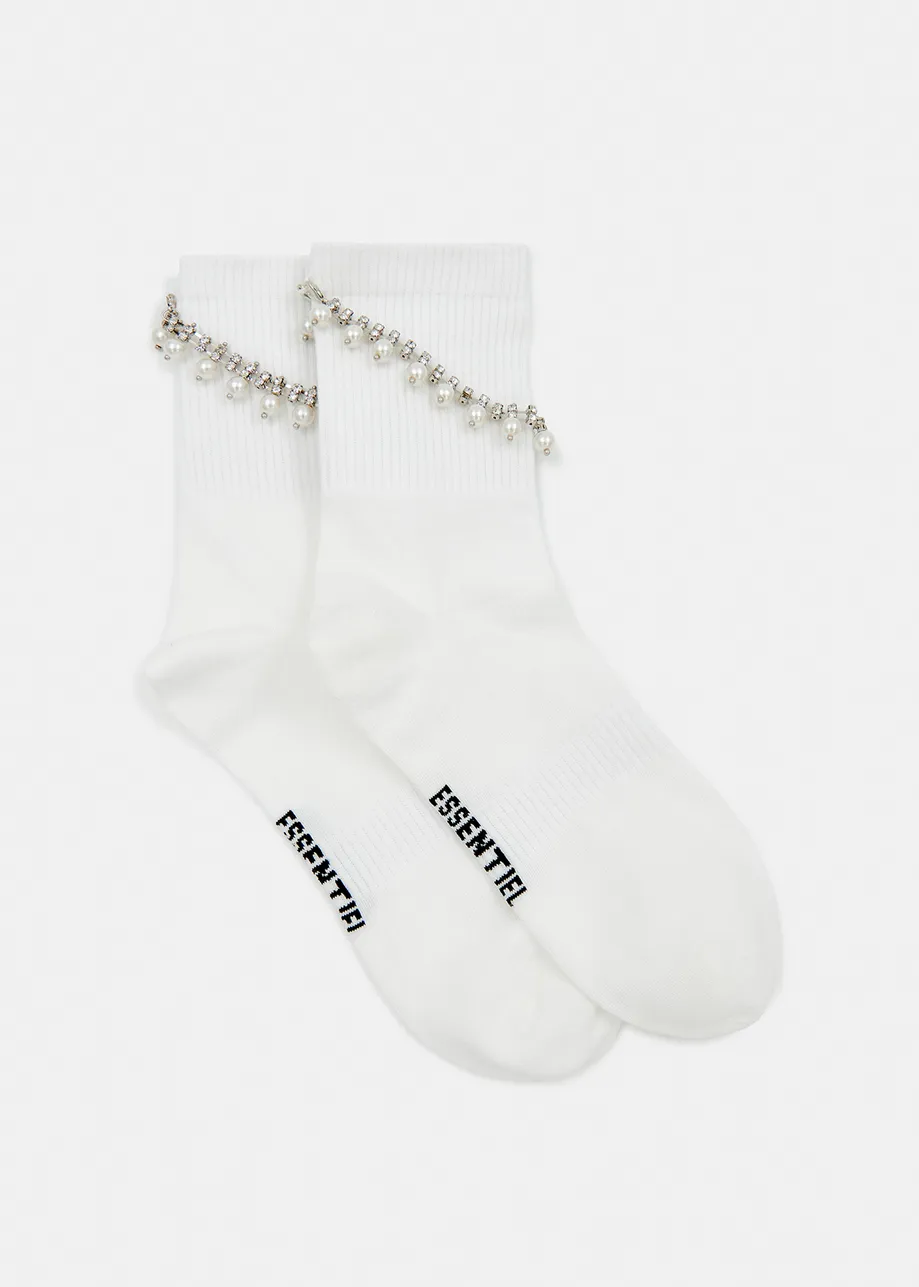 White mid-length socks with rhinestone and pearl-embellished chain