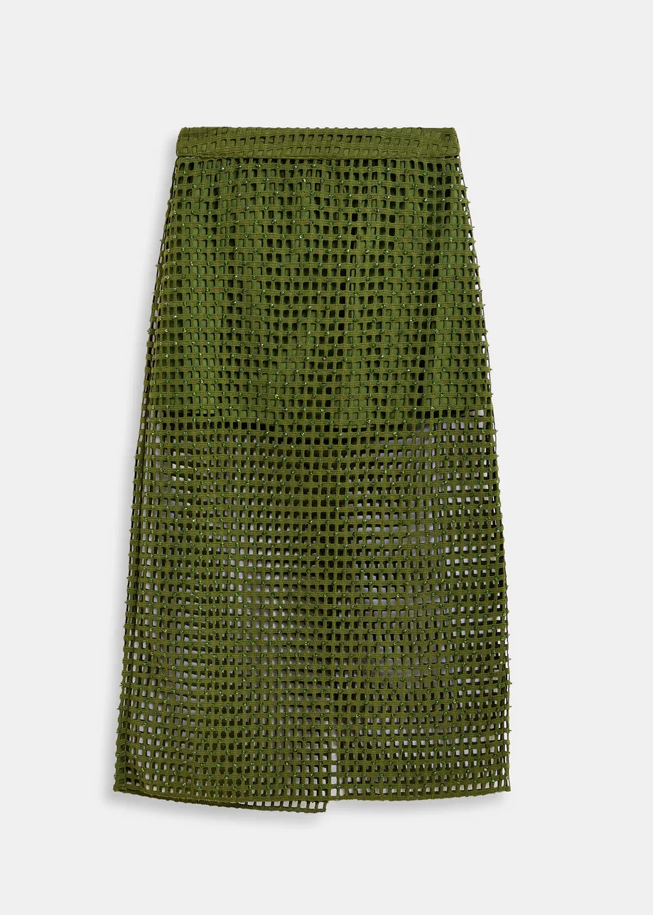 Khaki mesh skirt with bead embellishments