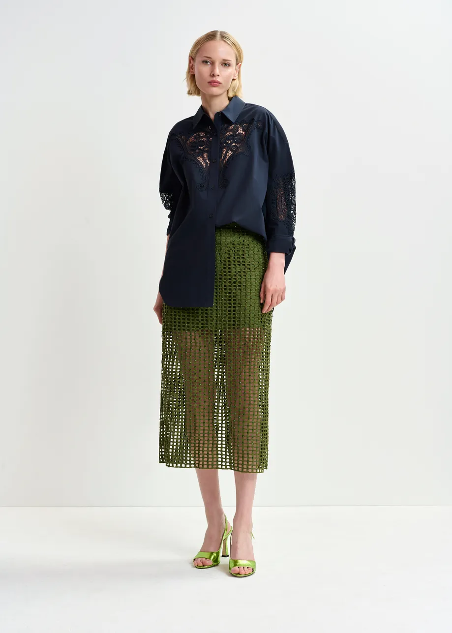 Khaki mesh skirt with bead embellishments