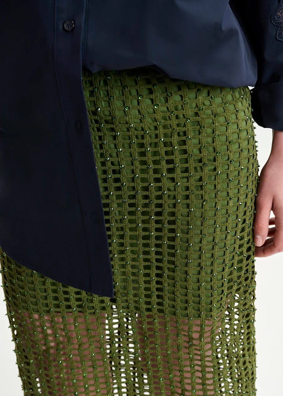 Khaki mesh skirt with bead embellishments