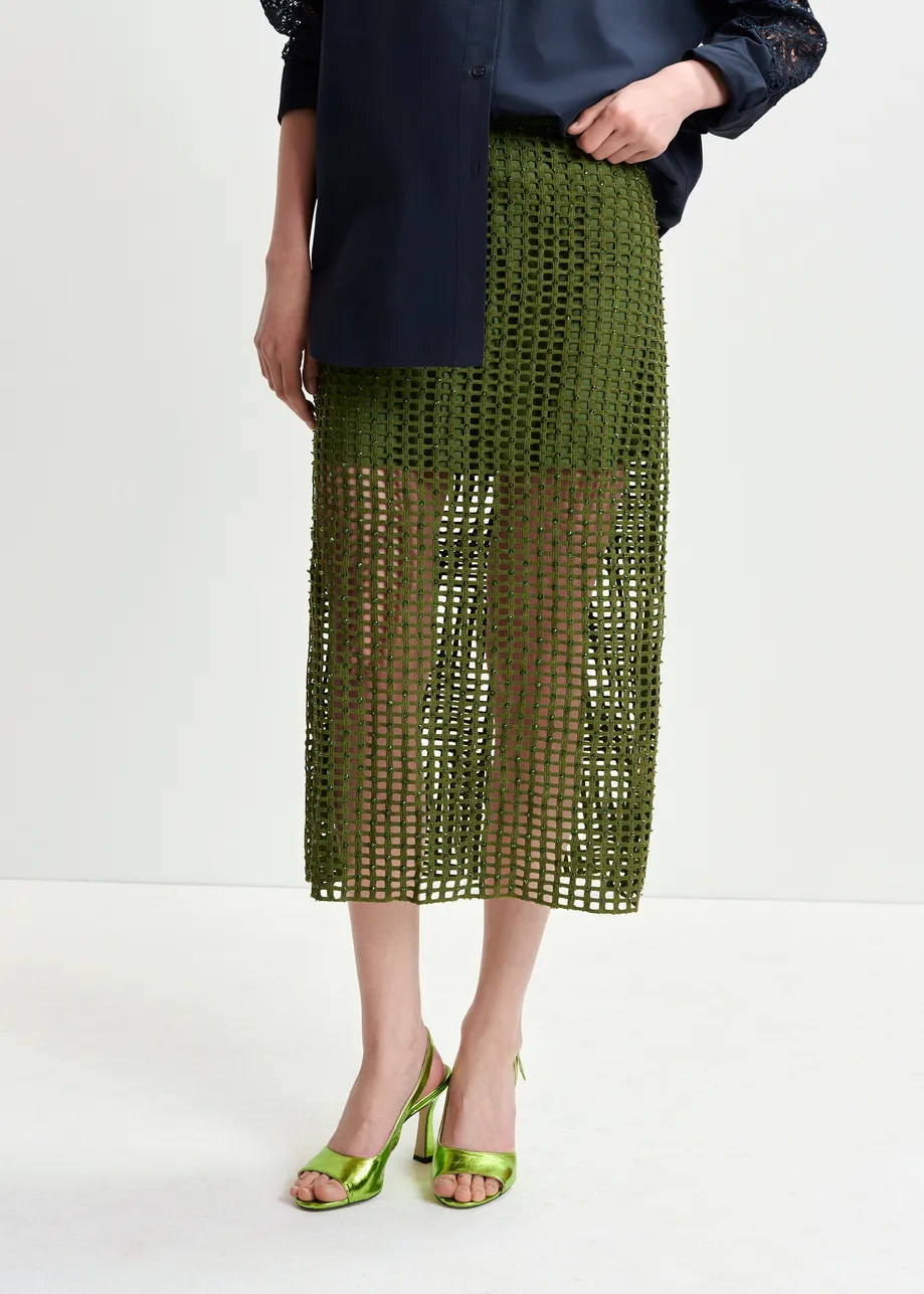 Khaki mesh skirt with bead embellishments