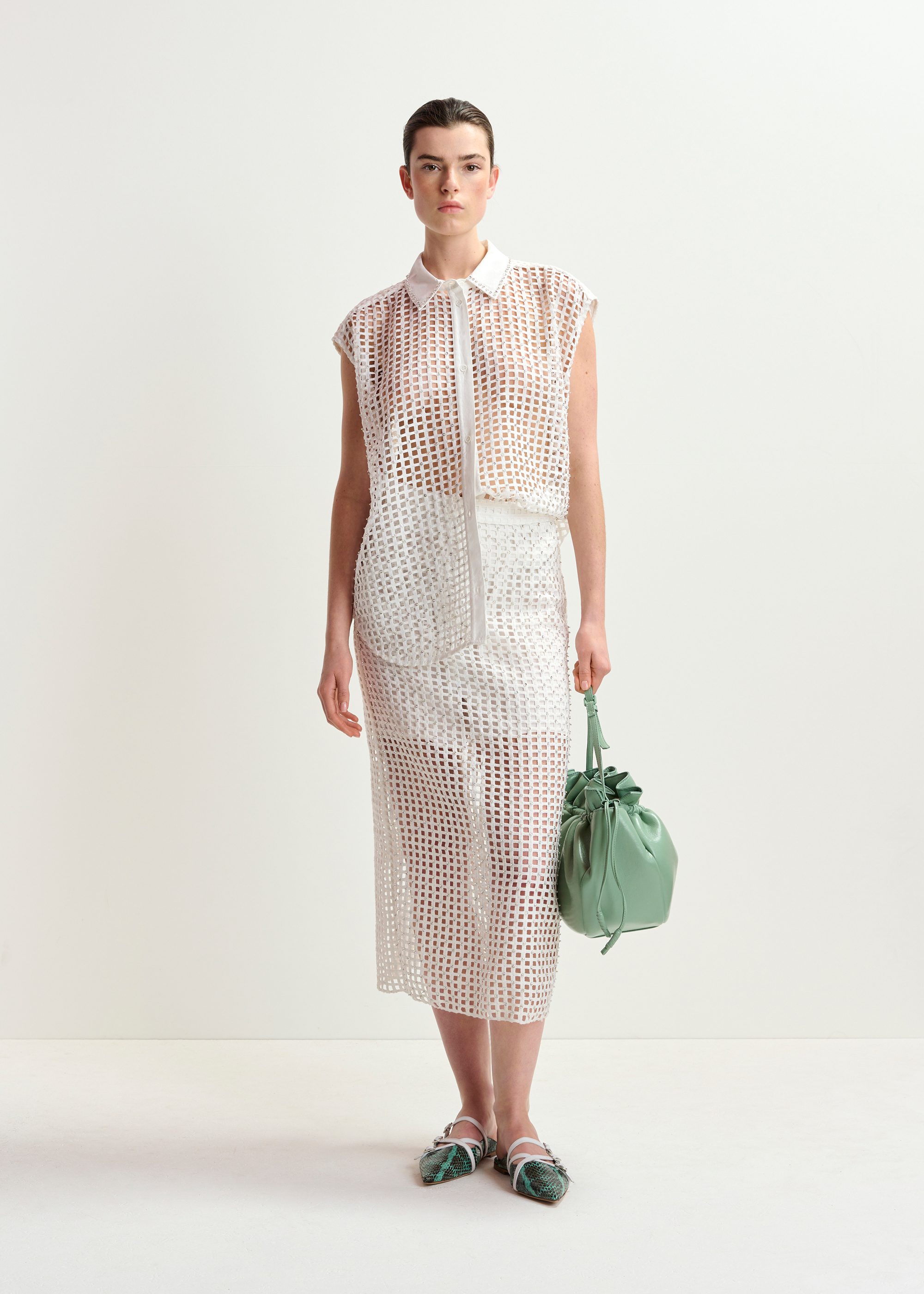 スカート ESSENTIEL ANTWERP Women Mid Skirts HANDKERCHIEF WH00 White White mesh skirt with bead embellishments | Essentiel