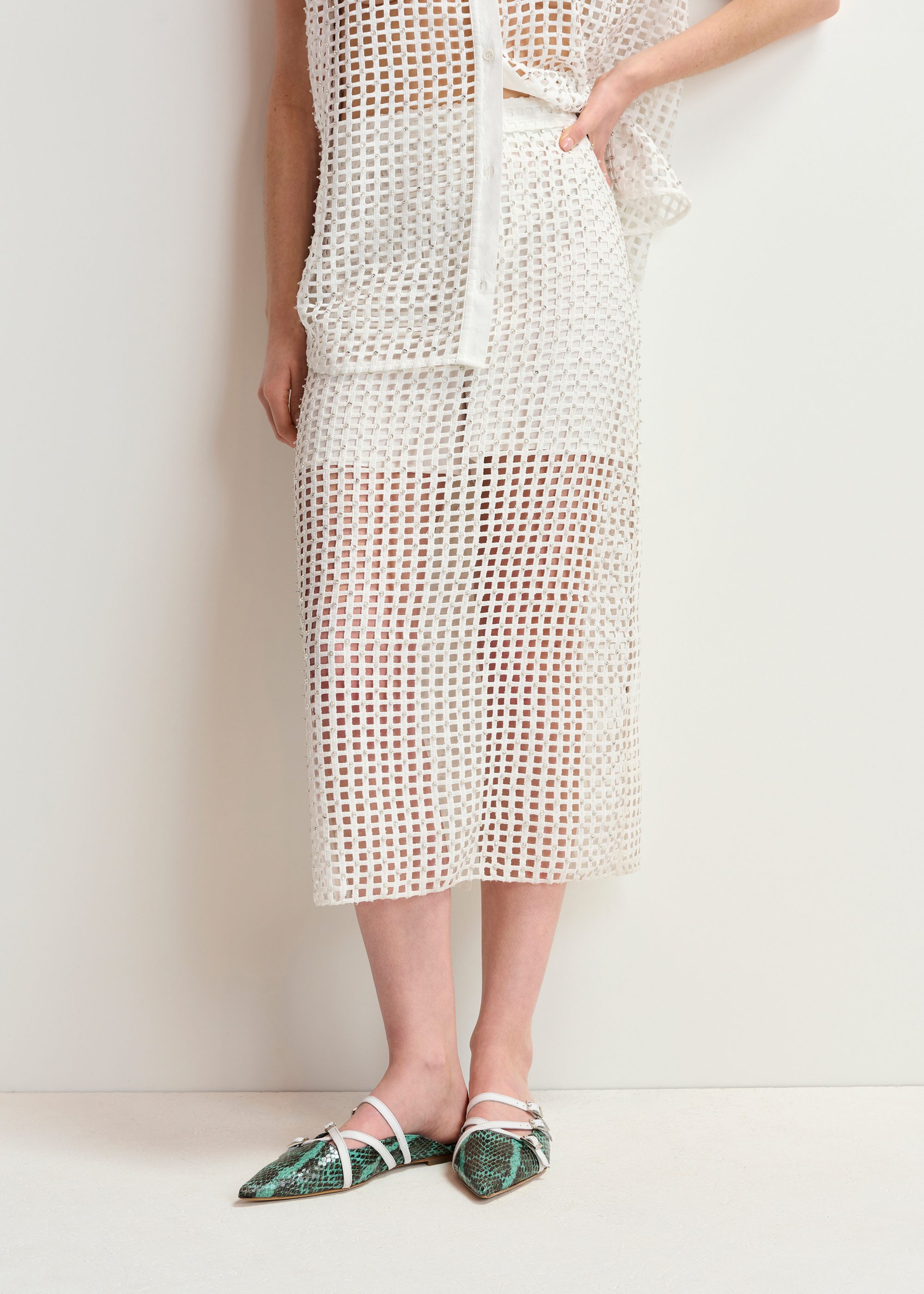 スカート ESSENTIEL ANTWERP Women Mid Skirts HANDKERCHIEF WH00 White White mesh skirt with bead embellishments | Essentiel