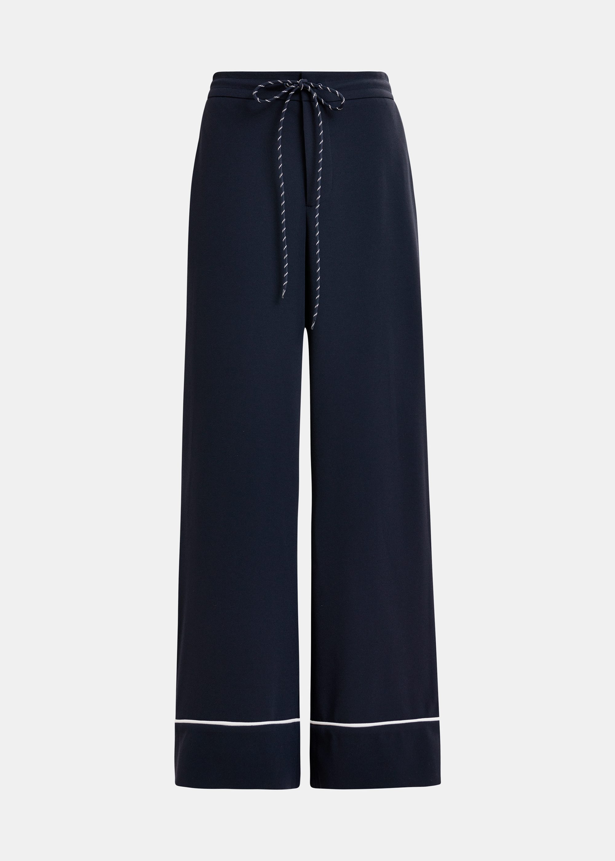 Dark blue and white wide-leg pants with contrasting trim