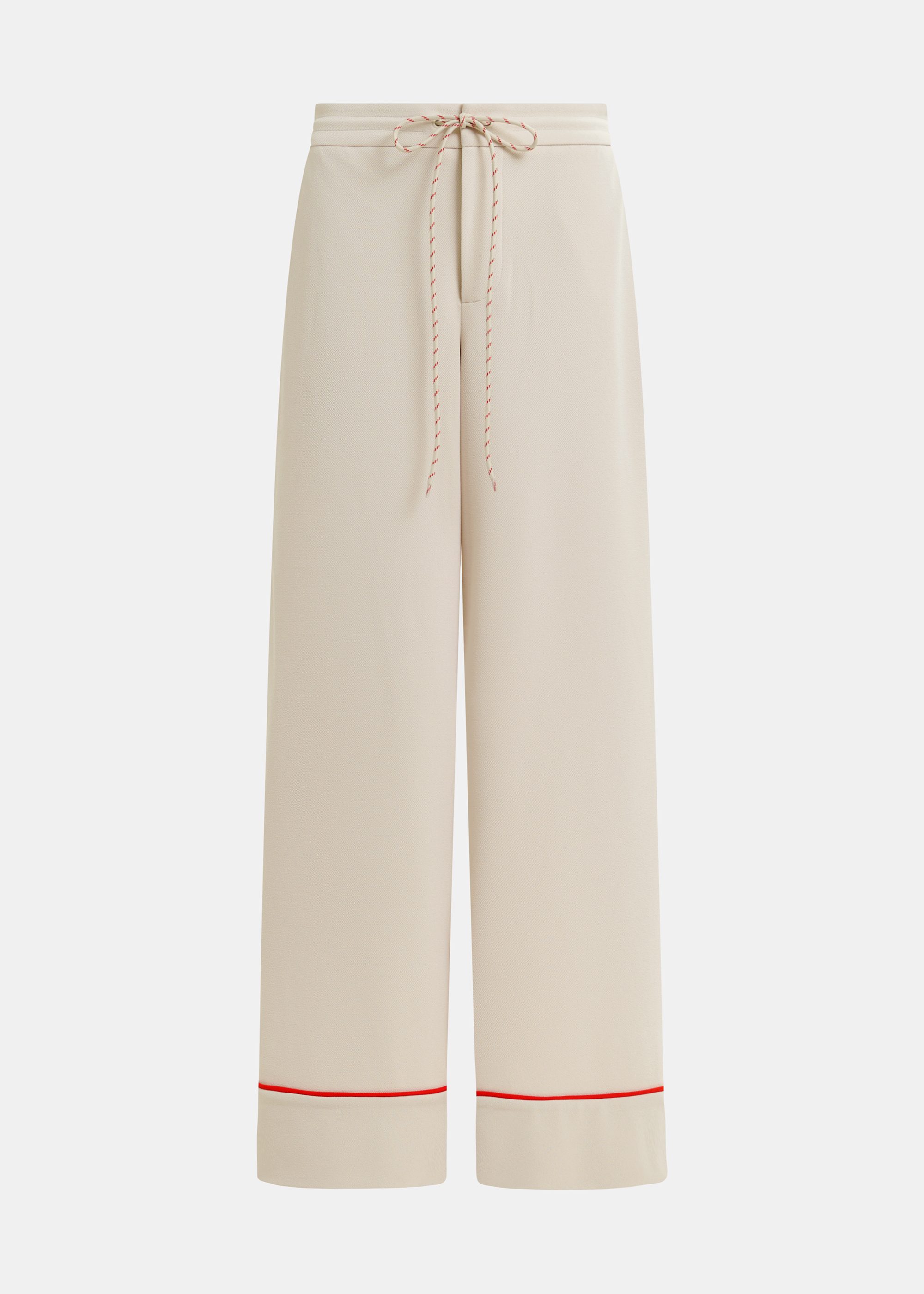 Off-white and red wide-leg pants with contrasting trim