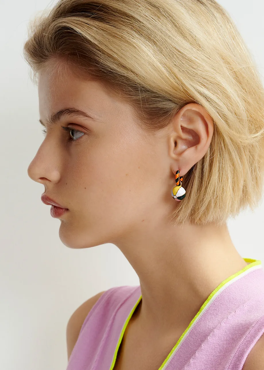 Hoop earrings with duck and ball pendants