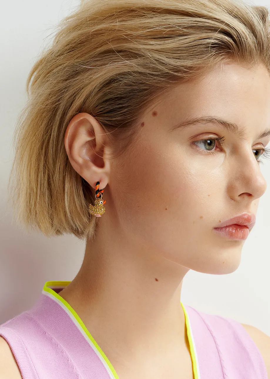 Hoop earrings with duck and ball pendants