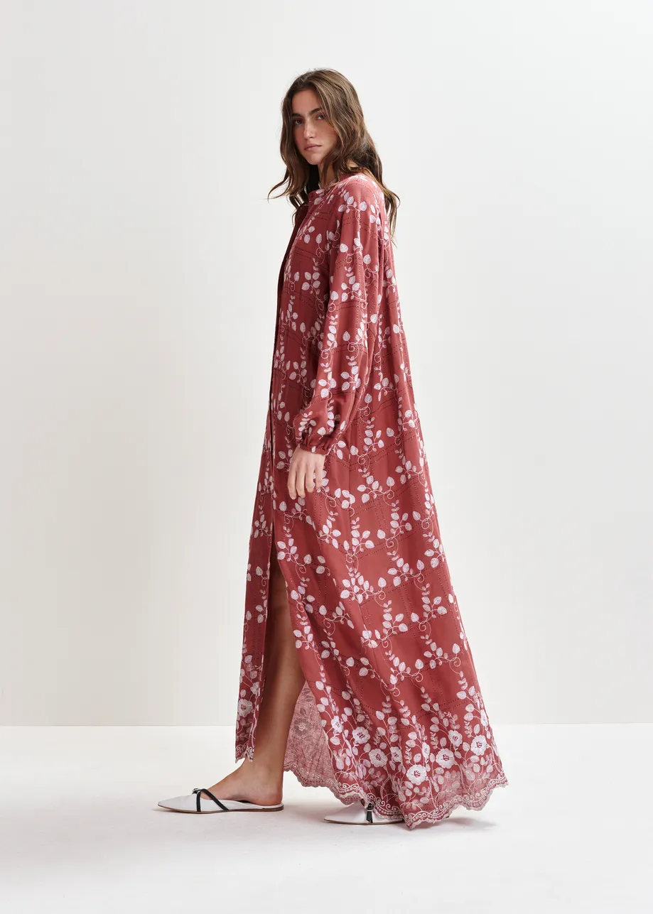 Brown and white embroidered cotton-blend maxi dress