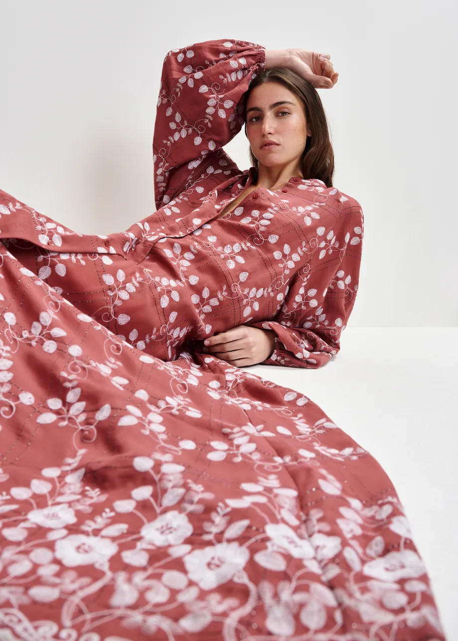 Brown and white embroidered cotton-blend maxi dress