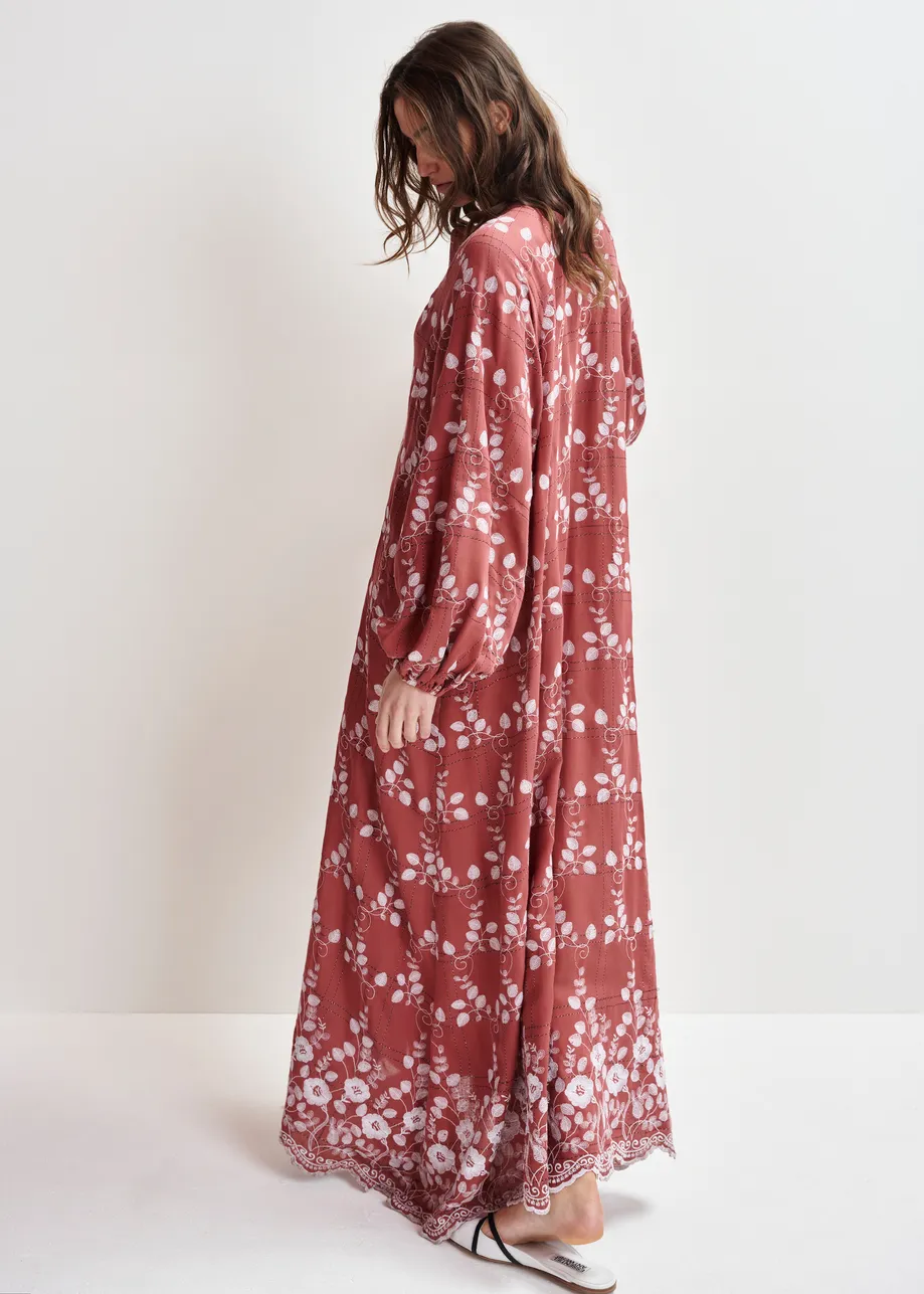 Brown and white embroidered cotton-blend maxi dress