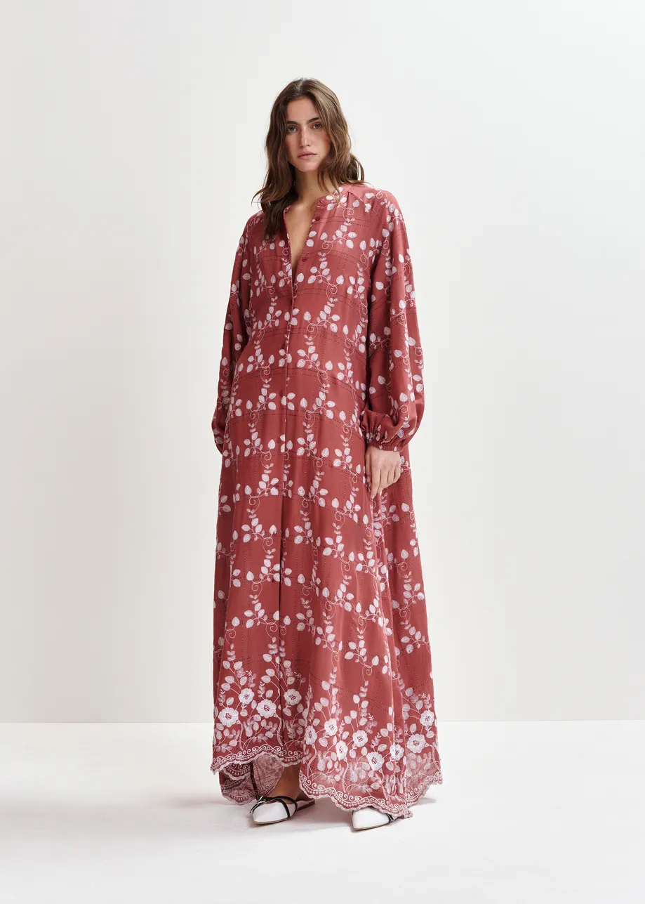 Brown and white embroidered cotton-blend maxi dress
