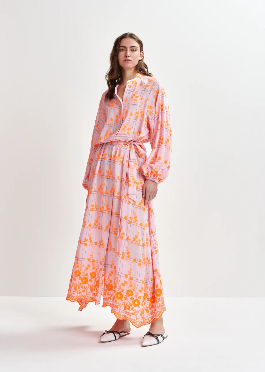 Light pink and orange embroidered cotton-blend maxi dress