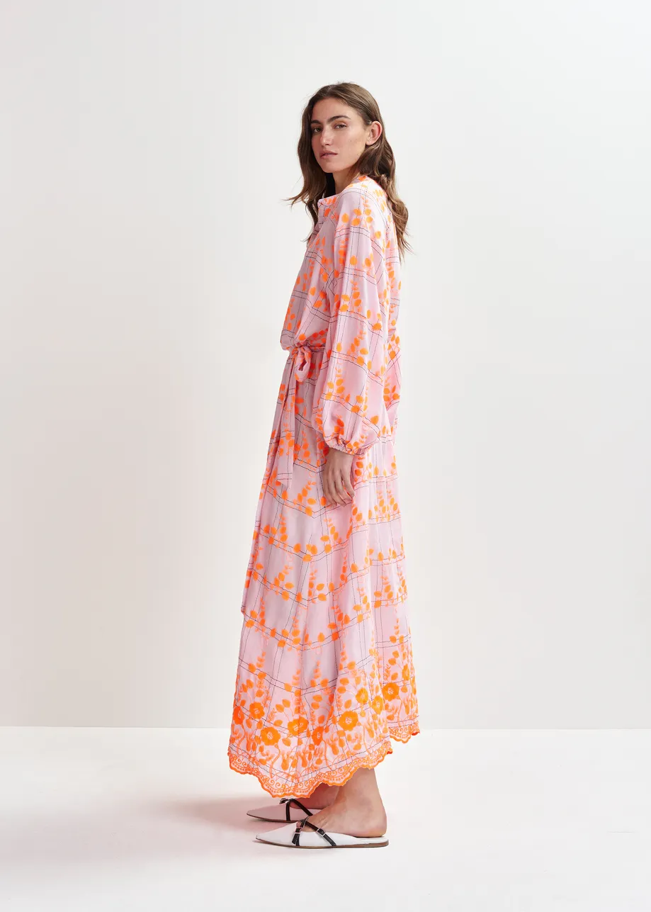 Light pink and orange embroidered cotton-blend maxi dress