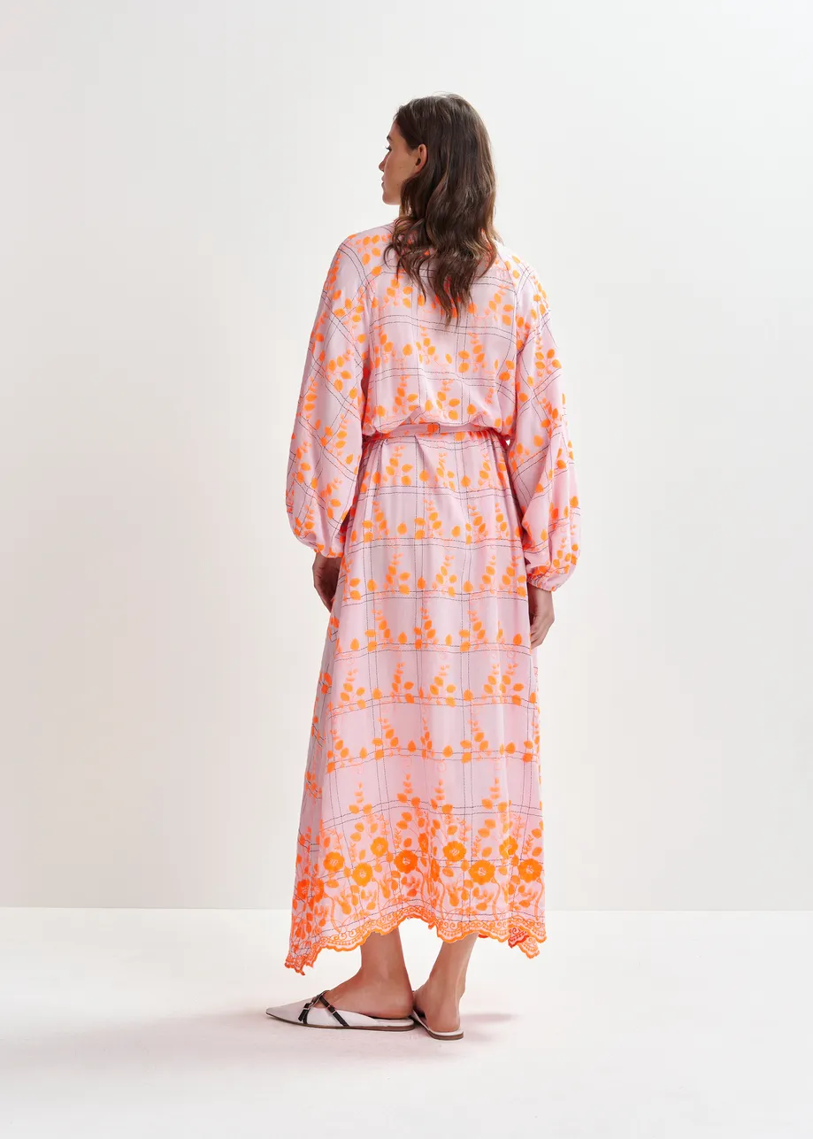Light pink and orange embroidered cotton-blend maxi dress