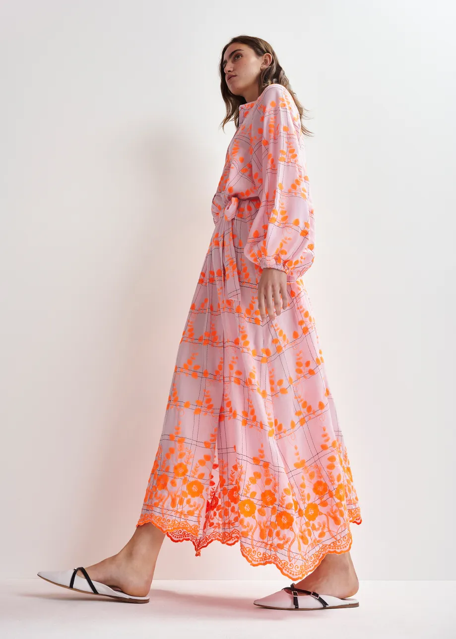 Light pink and orange embroidered cotton-blend maxi dress