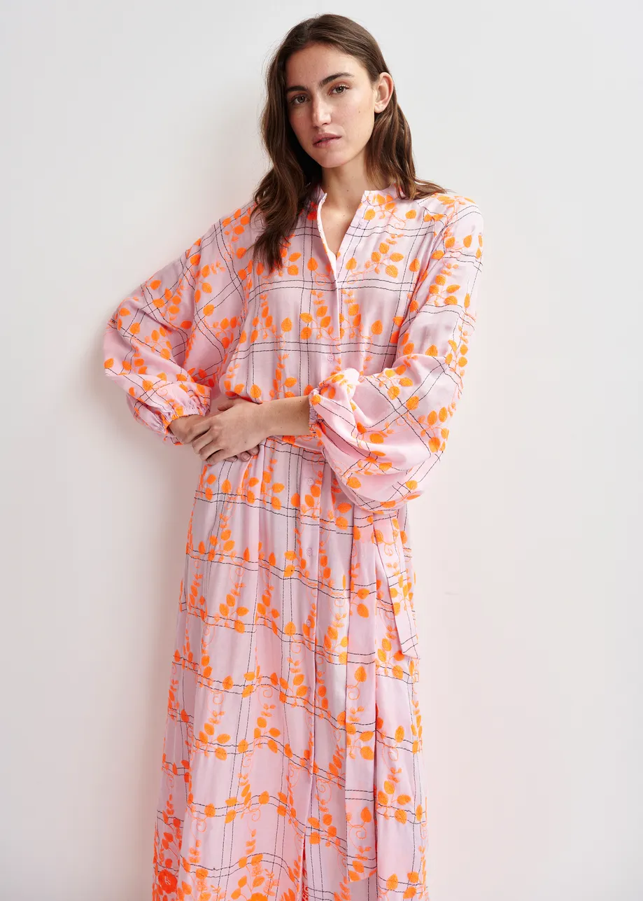 Light pink and orange embroidered cotton-blend maxi dress