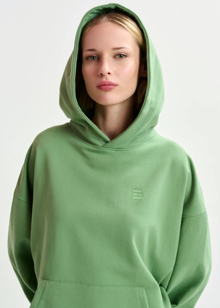 Khaki cotton hoodie with E-shaped embroidery